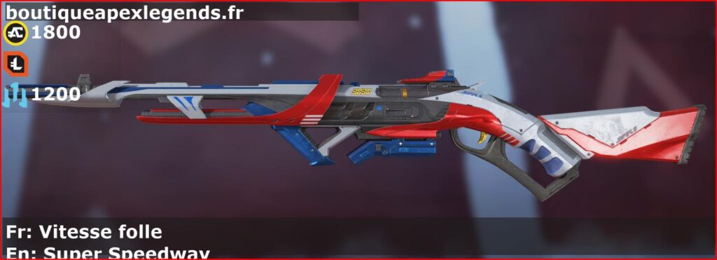 Skin Légendaire Vitesse folle en français ou Super Speedway en anglais pour l'arme 30-30 du jeu vidéo apex legends