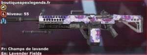 Skin Rare Champs de lavande en français ou Lavender Fields en anglais pour l'arme Devotion du jeu vidéo apex legends