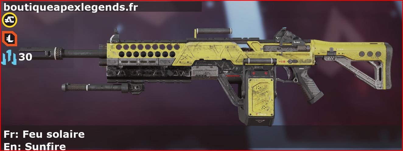 Skin Commun Feu solaire en français ou Sunfire en anglais pour l'arme Devotion du jeu vidéo apex legends