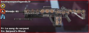 Skin Rare Le sang du serpent en français ou Serpent's Blood en anglais pour l'arme Devotion du jeu vidéo apex legends