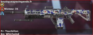 Skin Rare Tourbillon en français ou Whirlwind en anglais pour l'arme Devotion du jeu vidéo apex legends