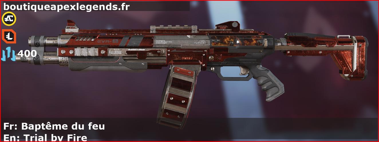 Skin Épique Baptême du feu en français ou Trial by Fire en anglais pour l'arme EVA-8 du jeu vidéo apex legends