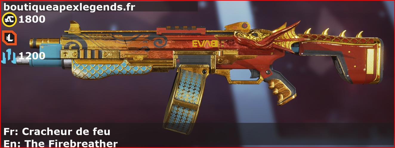 Skin Légendaire Cracheur de feu en français ou The Firebreather en anglais pour l'arme EVA-8 du jeu vidéo apex legends