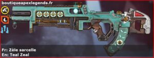 Skin Légendaire Zèle sarcelle en français ou Teal Zeal en anglais pour l'arme Flatline du jeu vidéo apex legends