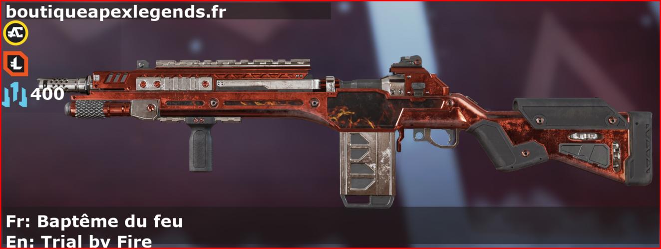 Skin Épique Baptême du feu en français ou Trial by Fire en anglais pour l'arme G7 Scout du jeu vidéo apex legends