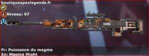 Skin Rare Puissance du magma en français ou Magma Might en anglais pour l'arme Kraber du jeu vidéo apex legends