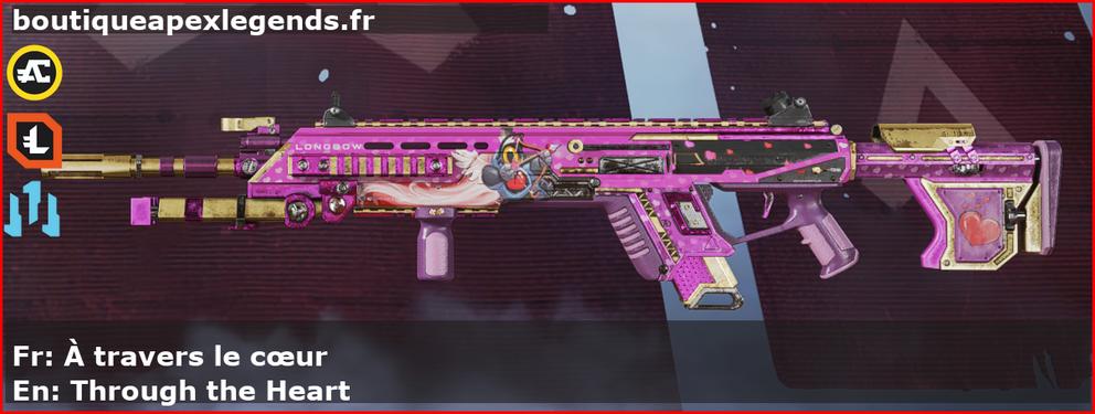 Skin Épique À travers le cœur en français ou Through the Heart en anglais pour l'arme Longbow du jeu vidéo apex legends