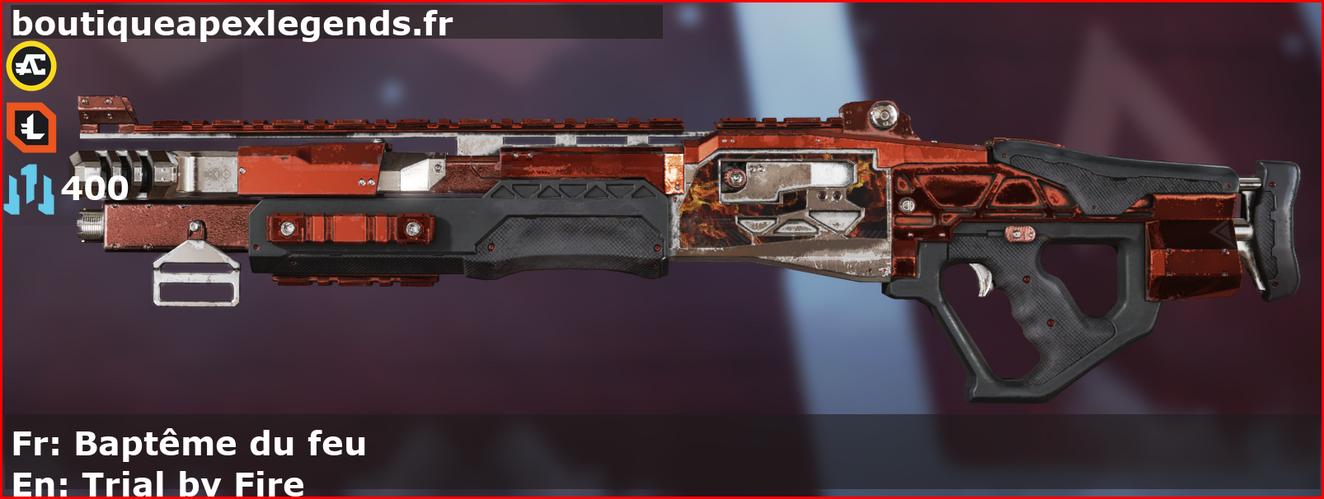 Skin Épique Baptême du feu en français ou Trial by Fire en anglais pour l'arme Mastiff du jeu vidéo apex legends