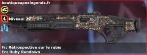 Skin Rare Rétrospective sur le rubis en français ou Ruby Rundown en anglais pour l'arme Mastiff du jeu vidéo apex legends