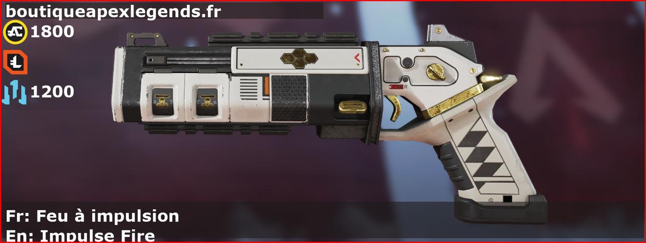 Skin Légendaire Feu à impulsion en français ou Impulse Fire en anglais pour l'arme Mozambique du jeu vidéo apex legends