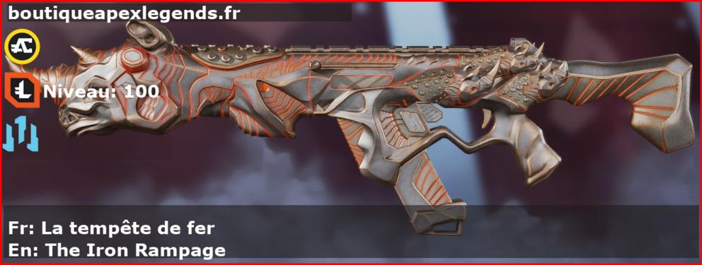 Skin Légendaire La tempête de fer en français ou The Iron Rampage en anglais pour l'arme R-301 du jeu vidéo apex legends