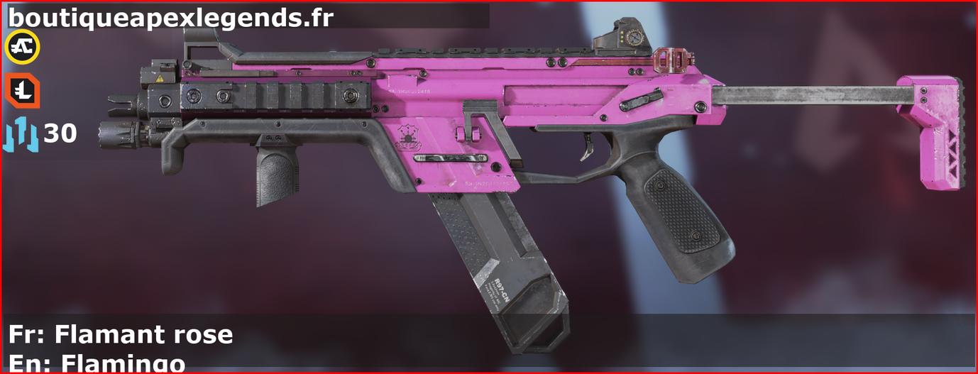 Skin Commun Flamant rose en français ou Flamingo en anglais pour l'arme R-99 du jeu vidéo apex legends