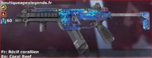 Skin Rare Récif corallien en français ou Coral Reef en anglais pour l'arme R-99 du jeu vidéo apex legends