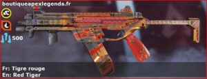 Skin Rare Tigre rouge en français ou Red Tiger en anglais pour l'arme R-99 du jeu vidéo apex legends