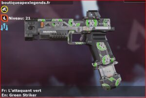 Skin Rare L'attaquant vert en français ou Green Striker en anglais pour l'arme RE-45 du jeu vidéo apex legends