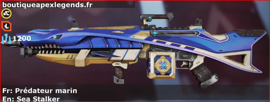 Skin Légendaire Prédateur marin en français ou Sea Stalker en anglais pour l'arme Spitfire du jeu vidéo apex legends