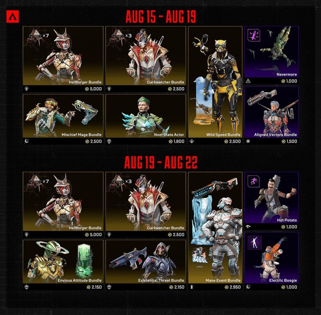 boutique apex legends saison 18 resurection du 15 au 19 Aout 2023