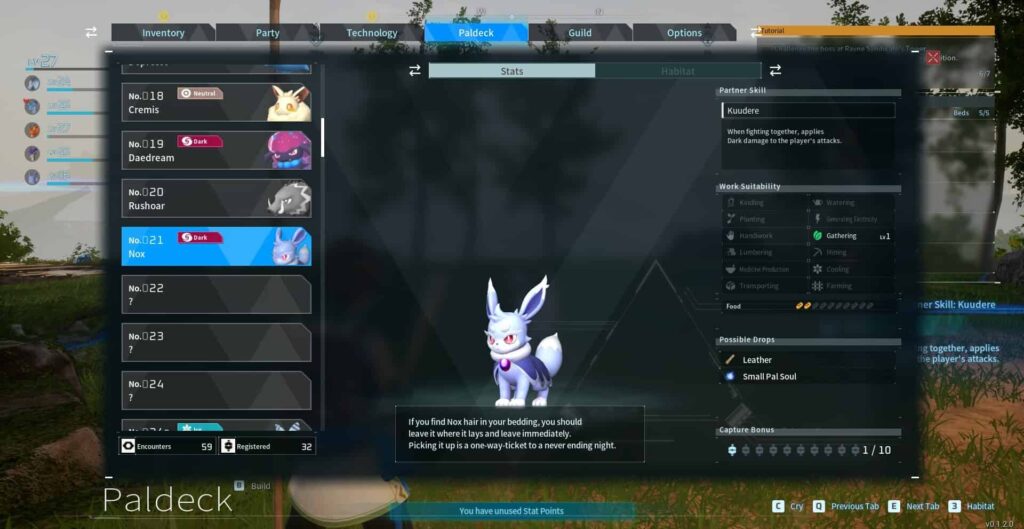 Compétences au travail de Nox dans Palworld