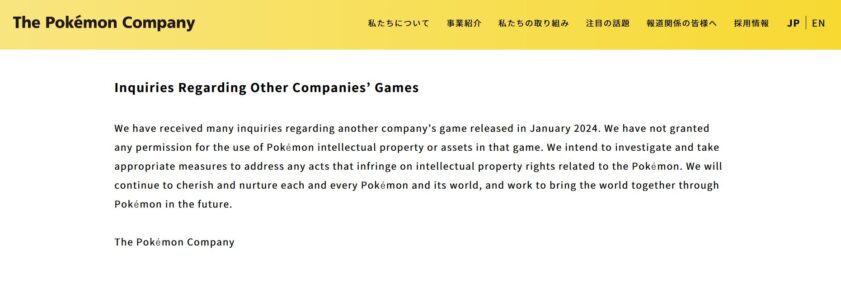 Publication de The Pokémon company sur Palworld