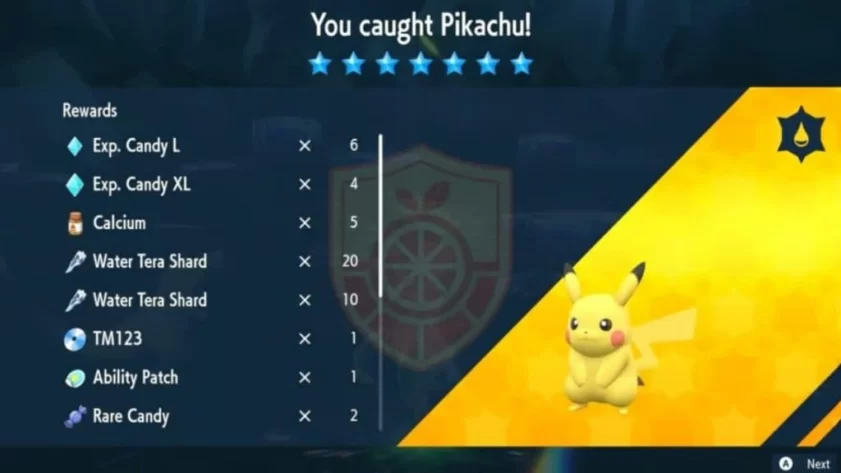 Récompenses du raid Tera 7 étoiles de Pikachu